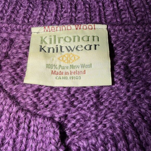Kilronan Knitwear Sweater Women’s Size L Purple Merino Wool Cable Cardigan - Picture 6 of 7